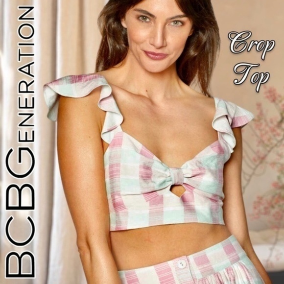 BCBGENERATION Madras Plaid Sweetheart Neck, Open Back/Bow-Tie Crop Top NWT/LG - Picture 1 of 16